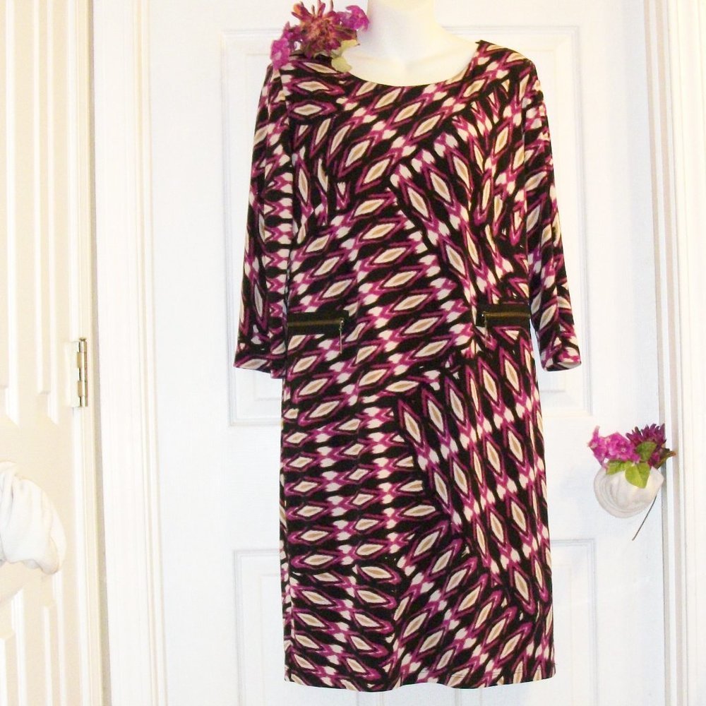 CHETTA B Sz 14 Front Zipper Pockets Dress Black White Fuschia & Tan Print